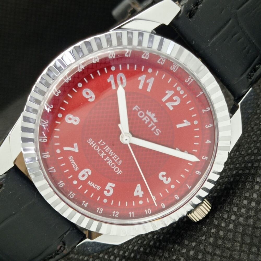 Vintage 1976 Fortis Manual Mens Silver Watch W/Leather Strap & Red accents